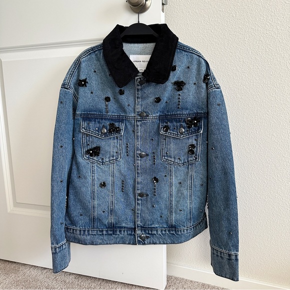 Embellished Denim Jacket with Black Velvet Collar